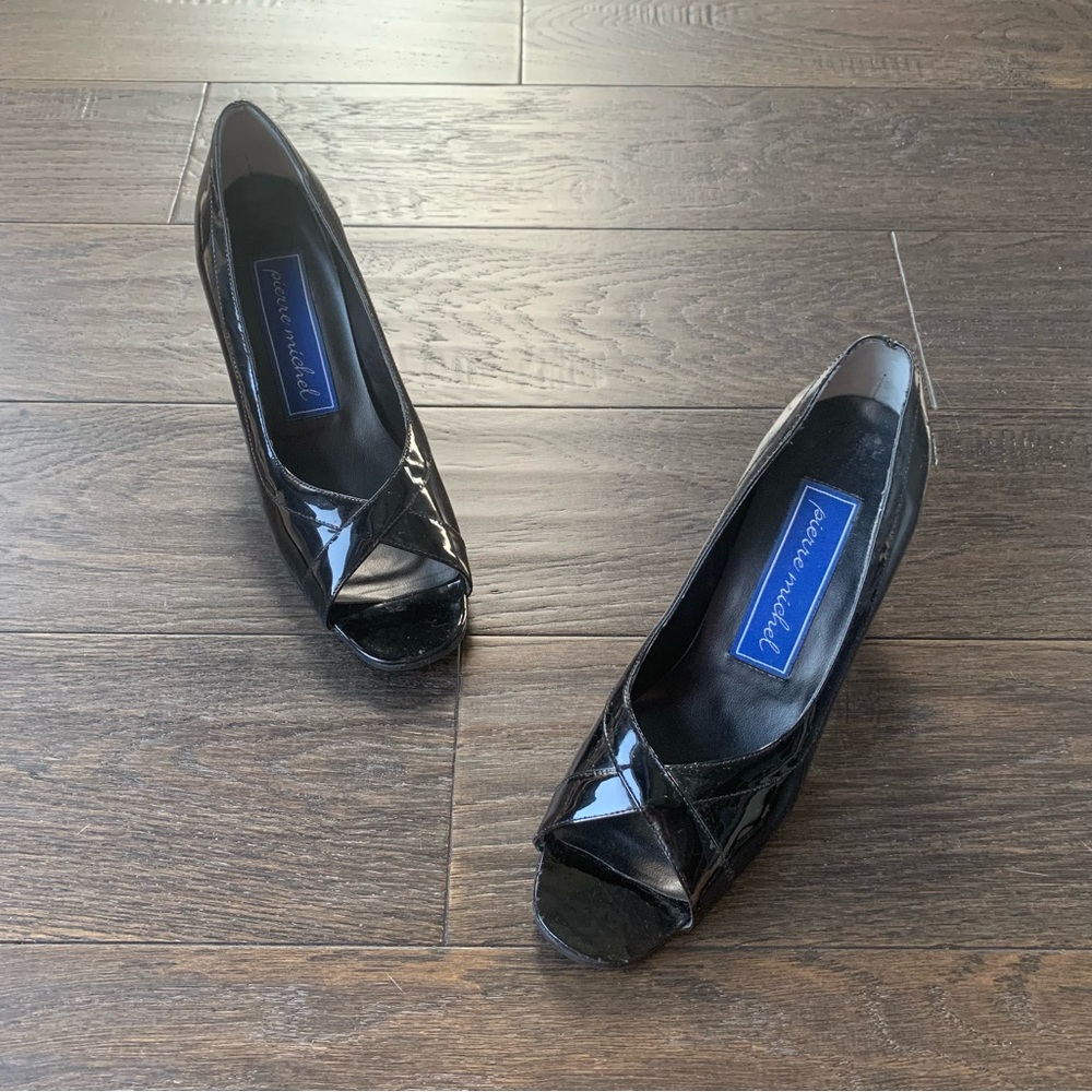 Pierre Michel Size 7 Black Open Toed 3 Inch Heels